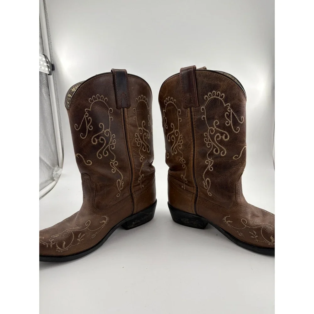 Smoky Mountain Youth Jolene Cowgirl Boots 4Y Brown Leather Snip Toe Embroidered